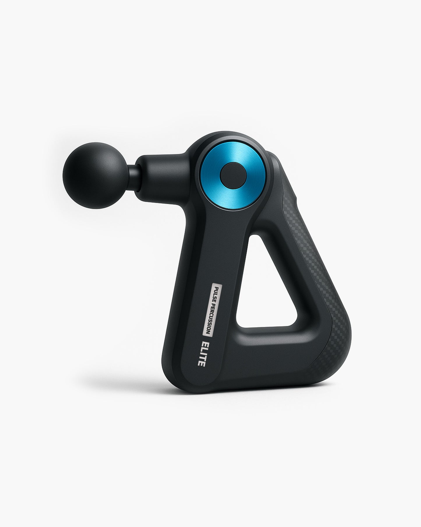 Pulse Percussion Elite black massage gun with carbon-fiber grip against off-white background